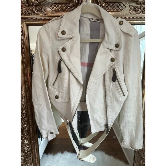 Burberry Brit Patchford Parchment Linen Moto Biker Full Zip Belted Jacket Size 4 - Picture 2 of 14